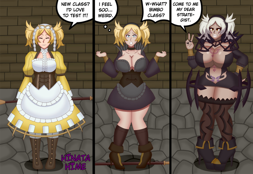 1girls 3koma alternate_costume aversa_(fire_emblem)_(cosplay) bare_shoulders bare_thighs bimbo black_nails blonde_hair boots brand_of_the_defile breast_expansion breast_tattoo breasts brown_eyes center_opening cleavage closed_eyes collar collarbone corruption cosplay dark-skinned_female dark_skin dress english_text face_tattoo facial_markings female female_only fire_emblem fire_emblem_awakening grey_hair grey_lips grey_lipstick high_heels hinata-hime huge_breasts large_breasts lips lipstick lissa_(fire_emblem) looking_at_viewer medium_hair nail_polish nintendo open_mouth pubic_tattoo revealing_clothes shocked short_hair shoulders skirt smile solo staff tattoo text thick_lips thick_thighs thighhighs thighs transformation twintails v