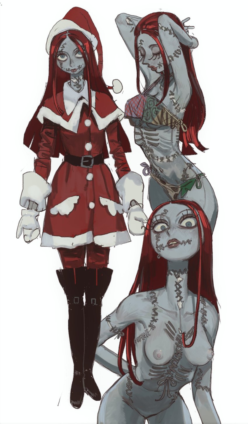 1girls blush breasts christmas christmas_clothing christmas_outfit doll female female_only grey_skin holidays mossa nightmare_before_christmas nonsexual_nudity patchwork_creature sally_(the_nightmare_before_christmas) santa_costume santa_hat skinny solo solo_female stitch_(sewing) stitches undead