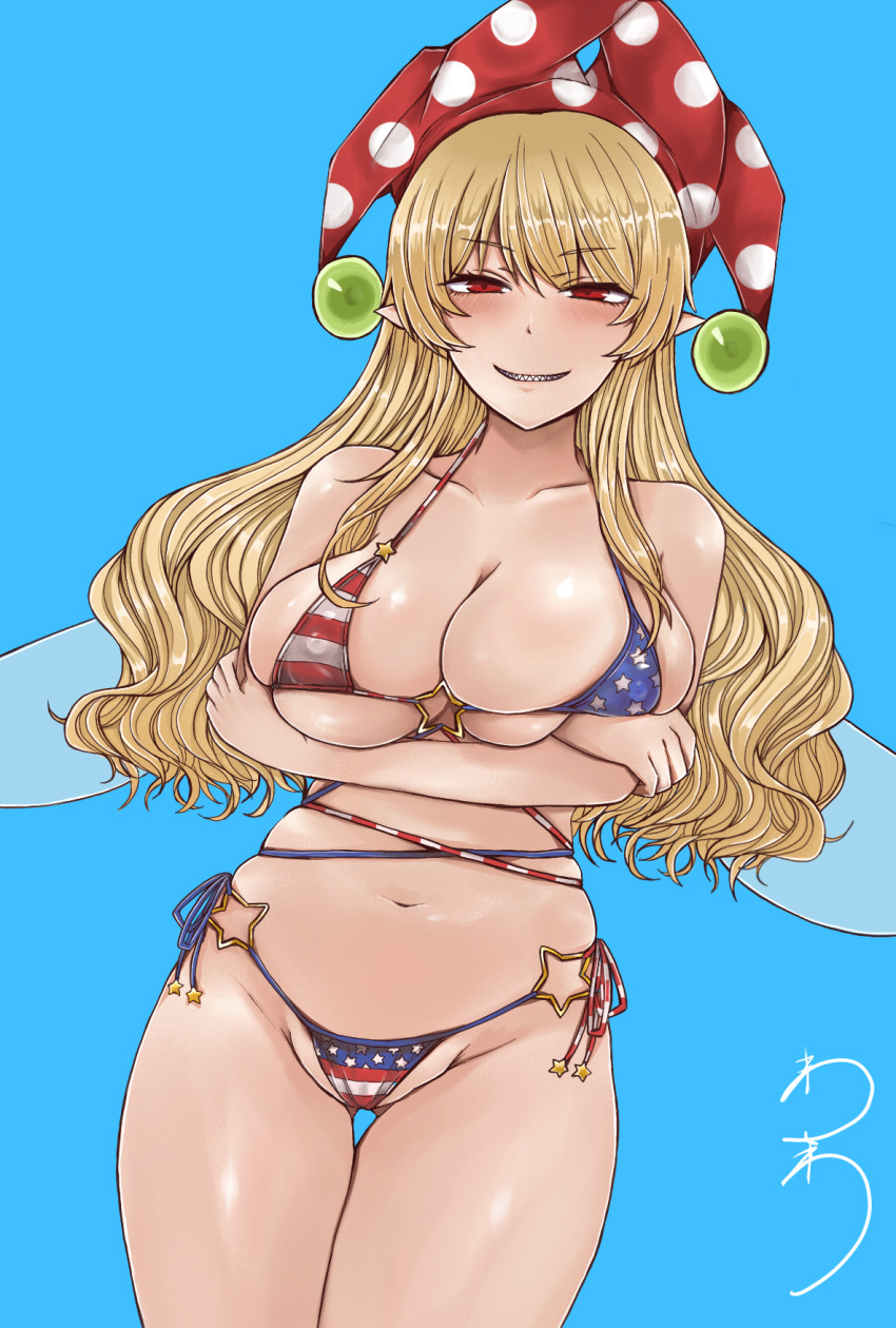 american_flag_bikini bare_shoulders bikini blonde_hair blue_eyes breast_hold breasts clownpiece collarbone fairy_wings female flag_print gluteal_fold highres jewelry large_breasts long_hair looking_at_viewer pointy_ears polka_dot red_eyes red_headwear sharp_teeth simple_background skindentation smile solo standing star_(symbol) star_print striped swimsuit teeth thigh_gap touhou washiwa wings