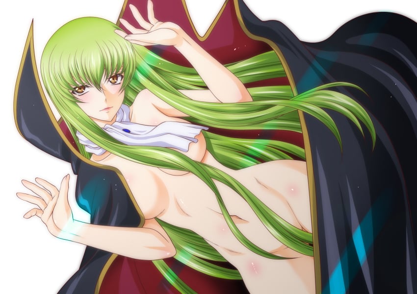 big_breasts c.c. cloak code_geass curvy green_hair hair_covering_breasts hair_covering_pussy hair_focus navel nude straight_hair tagme very_long_hair wide_hips