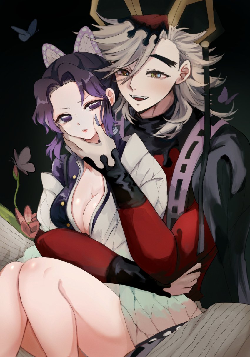 1boy 1girls black_background black_hair blonde_hair blush bottomless butterfly_hair_ornament casso cleavage demon_boy demon_slayer douma face_grab fangs female haori headwear hug hugging_from_behind japanese_clothes kimetsu_no_yaiba kochou_shinobu looking_back male medium_breasts multicolored_eyes open_shirt partially_undressed purple_eyes rainbow_eyes sharp_fingernails sitting_on_lap sitting_on_person smile spiky_hair thick_eyebrows two_tone_hair