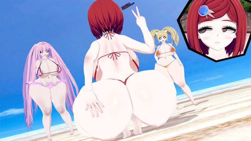 3d 3d_(artwork) 3girls areola areolae ass beach big_ass big_breasts big_butt blonde_hair bubble_ass bubble_butt danganronpa danganronpa_2:_goodbye_despair danganronpa_ultra_despair_girls danganronpa_v3 female female_only fenrirsjaw grabbing_own_ass hand_on_ass hand_on_butt koikatsu long_hair nervous nervous_face nervous_grin peace_sign pink_eyes pink_hair red_eyes red_hair saionji_hiyoko short_hair shortstack smiling squatting straight_hair tagme thick_thighs utsugi_kotoko v_sign wide_hips yellow_eyes yumeno_himiko