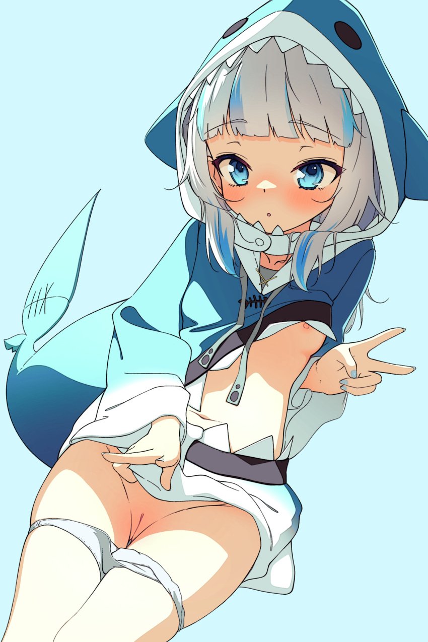 absurdres animal_costume animal_hood bangs blue_eyes blue_hair blue_hoodie blunt_bangs blush breasts breasts_out cleft_of_venus female fish_tail gawr_gura hair_ornament highres hololive hololive_english hololive_myth holomyth hood hood_up hoodie long_sleeves looking_at_viewer lucas_(artist) medium_hair multicolored_hair navel nipple_slip nipples open_clothes panties panties_down panty_pull pussy shark_costume shark_girl shark_hair_ornament shark_hood shark_tail sharp_teeth simple_background sleeves_past_wrists small_breasts solo streaked_hair tail teeth thighs two_side_up two_tone_hair uncensored underwear undressing v_sign virtual_youtuber white_hair wide_sleeves