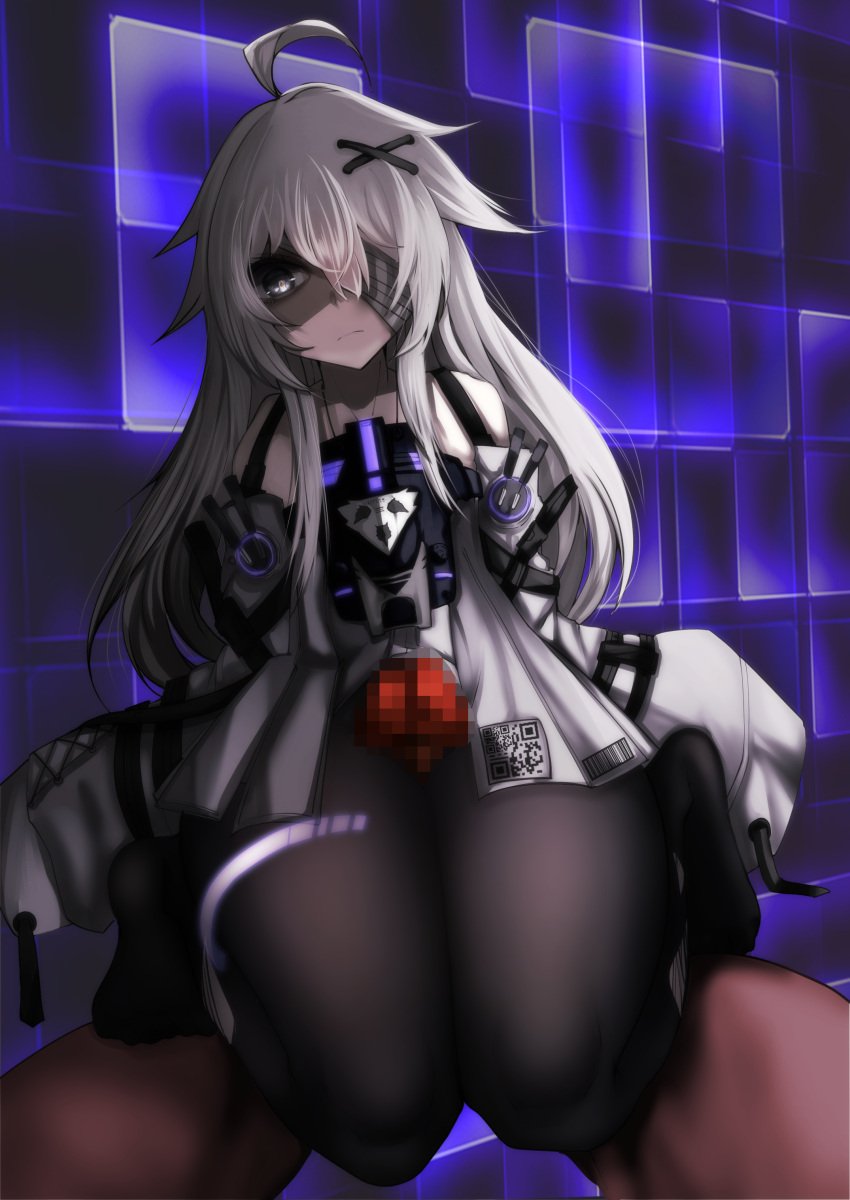 ahoge bandage_on_face censored crnsored dark-skinned_male dark_skin drawfag female female_on_top full_body fully_clothed interracial long_hair no.21 nude penis punishing:_gray_raven robot_girl small_breasts thigh_sex thighhighs thighs white_hair