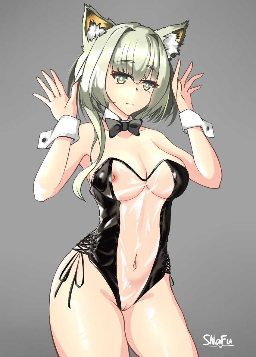 absurdres animal_ears arknights bangs bow bowtie breasts bunnysuit cat_ears cleavage cleft_of_venus closed_eyes detached_collar female green_eyes green_hair grey_background highres kal'tsit_(arknights) navel nipples pussy short_hair simple_background snafu_(snafy_snu) solo translucent_bunnysuit transparent_bunnysuit uncensored wrist_cuffs