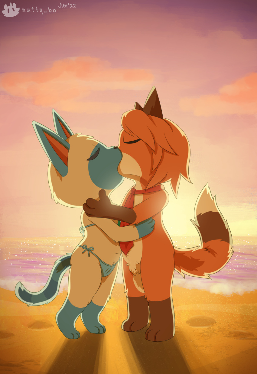 animal_crossing autumn_(mr._fox) beach bikini blue_body blue_fur clothed clothing detailed_background fur hair hi_res kissing mitzi_(animal_crossing) necktie nintendo nutty_bo outside public sand seaside skimpy sky swimwear video_games water