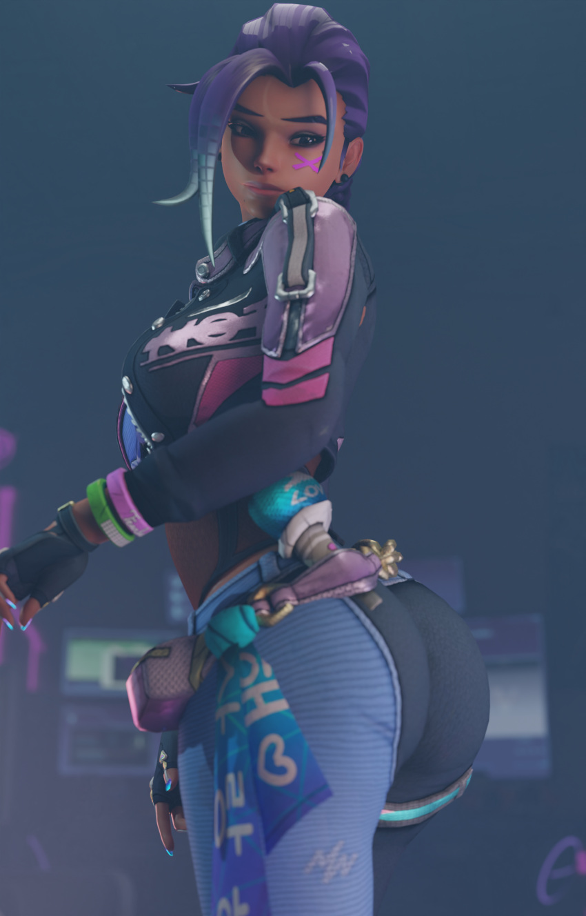 3d ass blender brown-skinned_female brown_skin clothed keyd10iori latina long_hair looking_back lulux mole_under_eye overwatch overwatch_2 painted_nails purple_hair solo sombra standing tight_clothing