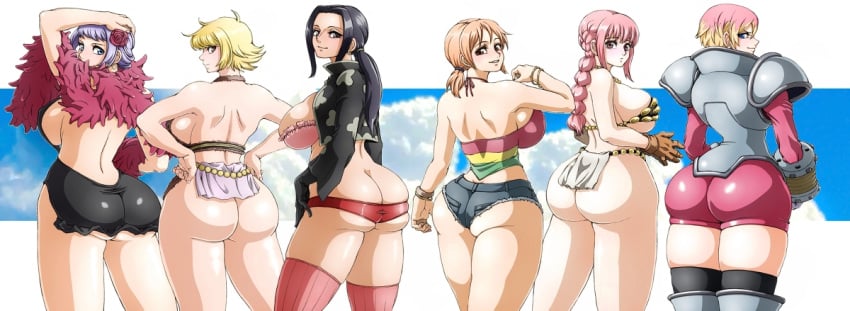 6girls big_ass big_breasts bubble_butt carina_(one_piece) dress female female_only guarana_(one_piece) looking_back marguerite multiple_girls nami nico_robin one_piece one_piece_film_gold one_piece_film_stampede one_piece_film_strong_world one_piece_film_z rebecca_(one_piece) short_shorts shounen_jump skimpy wrato