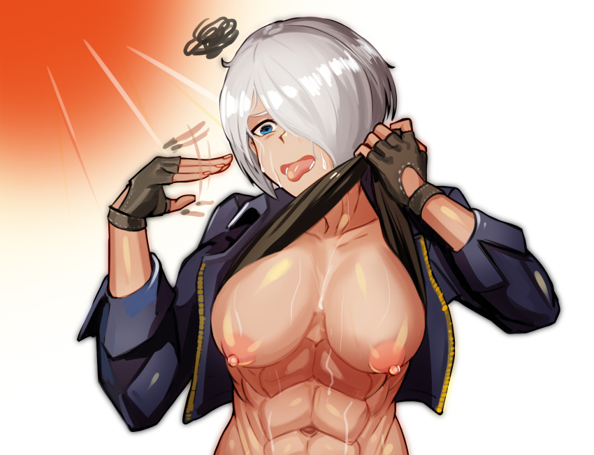 abs airing_out angel_(kof) blush breasts clothes_lift collarbone cropped_jacket fanning fanning_self female fingerless_gloves ghgnvm gloves highres jacket king_of_fighters king_of_fighters_xiv king_of_fighters_xv large_breasts leather leather_jacket lifted_by_self muscular muscular_female navel nipples no_bra shirt shirt_lift snk sweat toned undressing white_hair