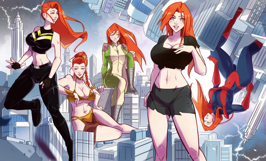 5girls angelgts big_breasts cleavage commission female_only giant-girl giantess green_eyes marvel mary_jane_watson red_hair slave_leia_(cosplay) spider-man_(series) superheroine tagme