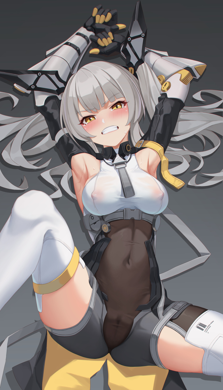 angry armpits arms_up blush cameltoe fully_clothed grey_hair karenina_(punishing:_gray_raven) lying medium_breasts punishing:_gray_raven robot_girl see-through spread_legs sweat tears tied_hair yellow_eyes