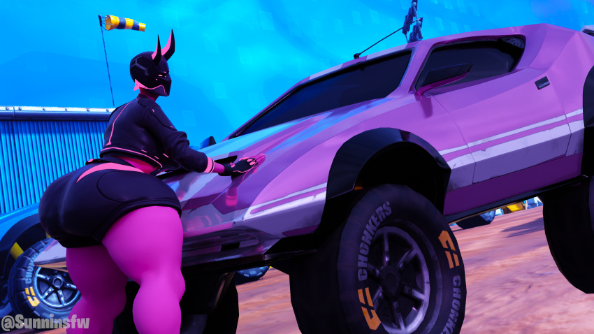 3d blender car clothed fortnite harlowe_(fortnite) large_ass large_breasts pink_skin self_upload sunninsfw thick_thighs voluptuous