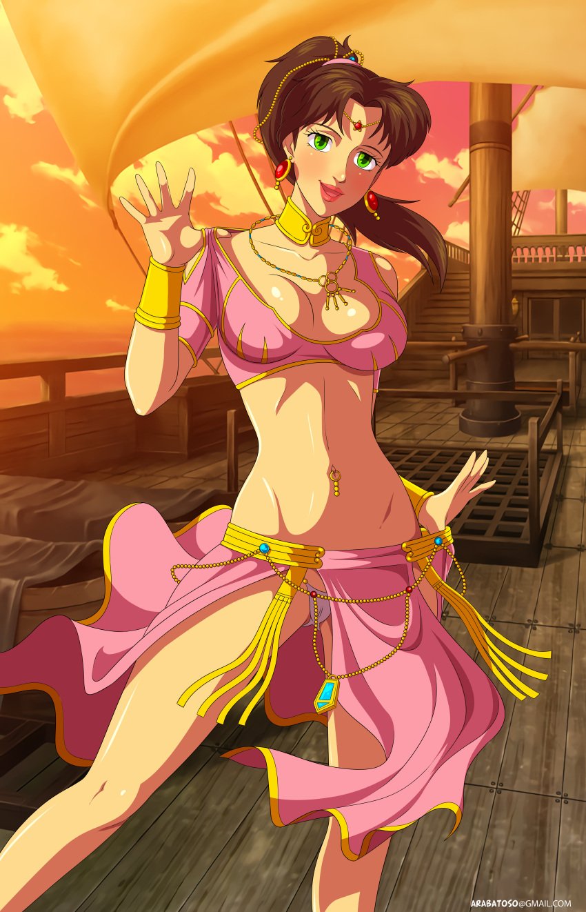 arabatos arabian_clothes arabian_fight belly_dancer belly_dancer_outfit brown_hair cleavage green_eyes harem_girl harem_outfit large_breasts loincloth looking_at_viewer navel_piercing necklace ponytail ramaya sega ship