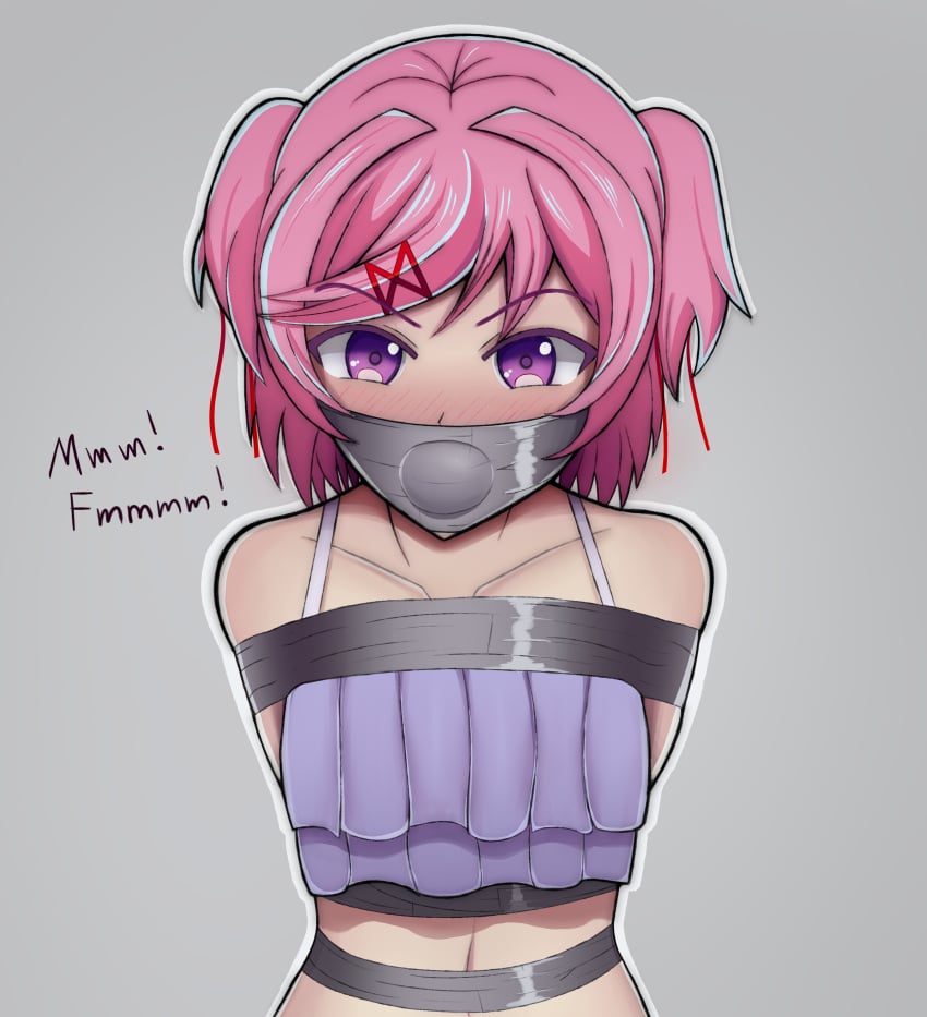 1girls angry angry_sub blush bondage bonkulus bound_arms doki_doki_literature_club female female_only gag gagged gagged_speech hair_ribbon hairclip natsuki_(doki_doki_literature_club) pigtails pink_eyes pink_hair solo stuffed_mouth_gag swimsuit tape tape_bondage tape_gag