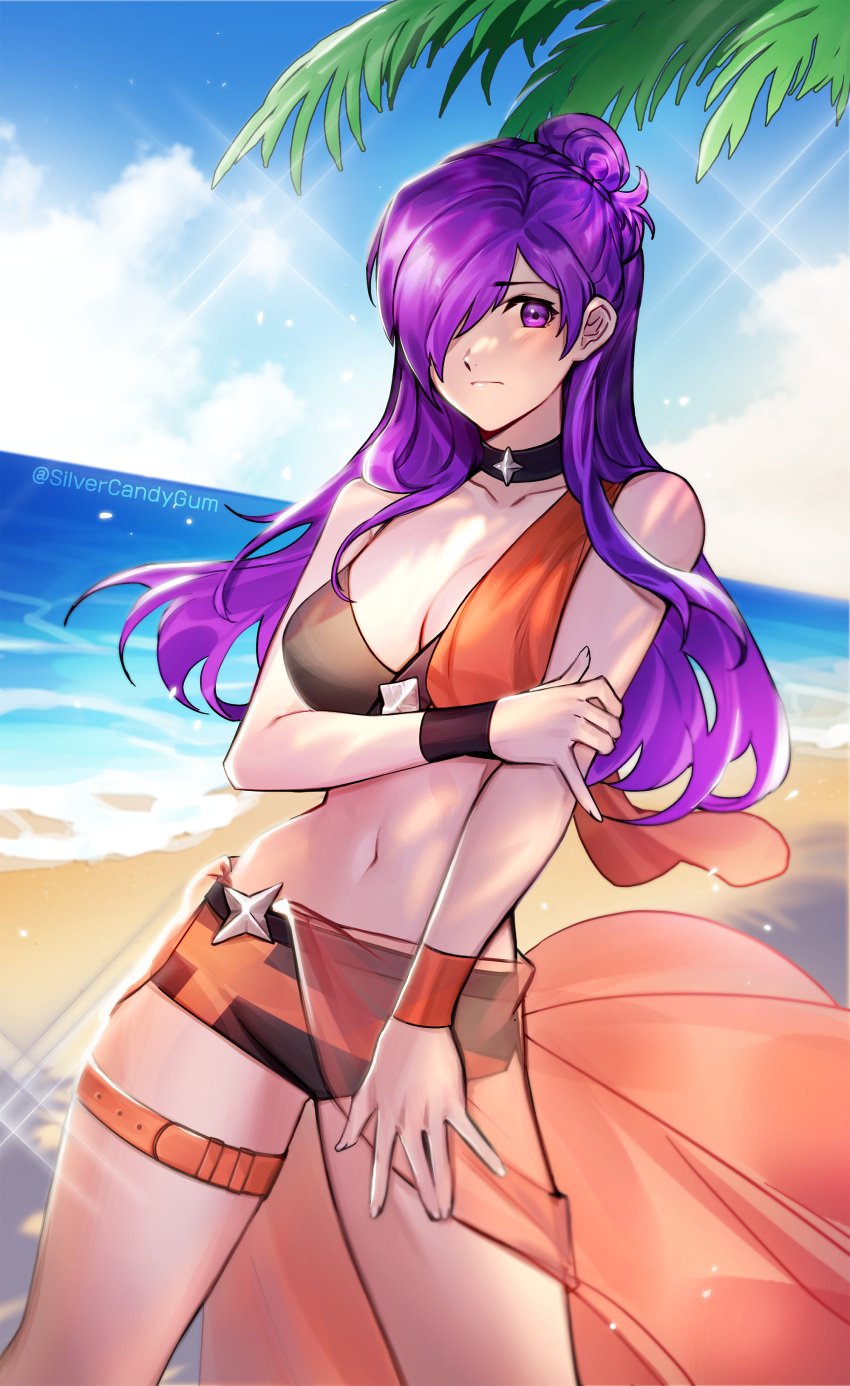 1girls absurdres adapted_costume alternate_costume bare_arms bare_shoulders beach bikini black_bikini black_choker black_swimsuit blue_sky choker cloud collarbone commentary cowboy_shot day female female_only fire_emblem fire_emblem:_three_houses fire_emblem_warriors:_three_hopes hair_bun hair_over_one_eye highres long_hair looking_at_viewer navel nintendo ocean outdoors purple_eyes purple_hair sarong shez_(female)_(fire_emblem) shez_(fire_emblem) silvercandy_gum sky solo standing stomach swimsuit thigh_strap thighs water wristband