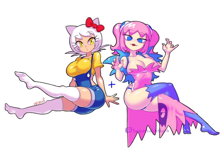 2girls blue_eyes dress gijinka hello_kitty hello_kitty_(character) hello_kitty_(series) humanized kitty_white looking_at_viewer minus8 overalls pac-man_(series) pac-man_ghost_dance_(minus8) pink_hair pinky_(pac-man) sanrio stockings thighhighs white_hair witch_costume yellow_eyes