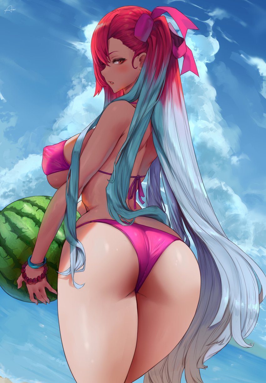 1girls 2022 absurd_res araneesama artist_signature ass bikini blue_hair blush breasts bubble_butt cutesexyrobutts_(style) female female_only fruit hair_ornament hips holding_object huge_breasts large_ass large_breasts long_hair outdoors pink_bikini red_eyes red_hair ribbon ribbon_in_hair riela_marcellis sega sideboob slim_waist swimsuit thick_thighs thighs two_tone_hair valkyria_chronicles valkyria_chronicles_3 watermelon wide_hips