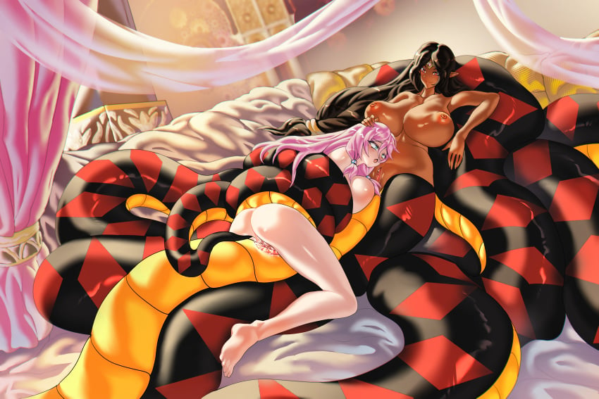 2girls black_hair breasts cloaca cloaca_juice dark-skinned_female draconcopode femdom flare_arlgrande_jioral green_eyes jemisha_(violet_scales) kaifuku_jutsushi_no_yarinaoshi lamia large_breasts legless long_hair lying_on_bed moaning monster_girl multiple_girls original original_character pink_hair pointy_ears psychowolffy pussy pussy_juice rape redo_of_healer sex shaved_pussy snake snake_girl snake_pussy thick_naga_hips thick_thighs wide_hips wrapped_up yuri