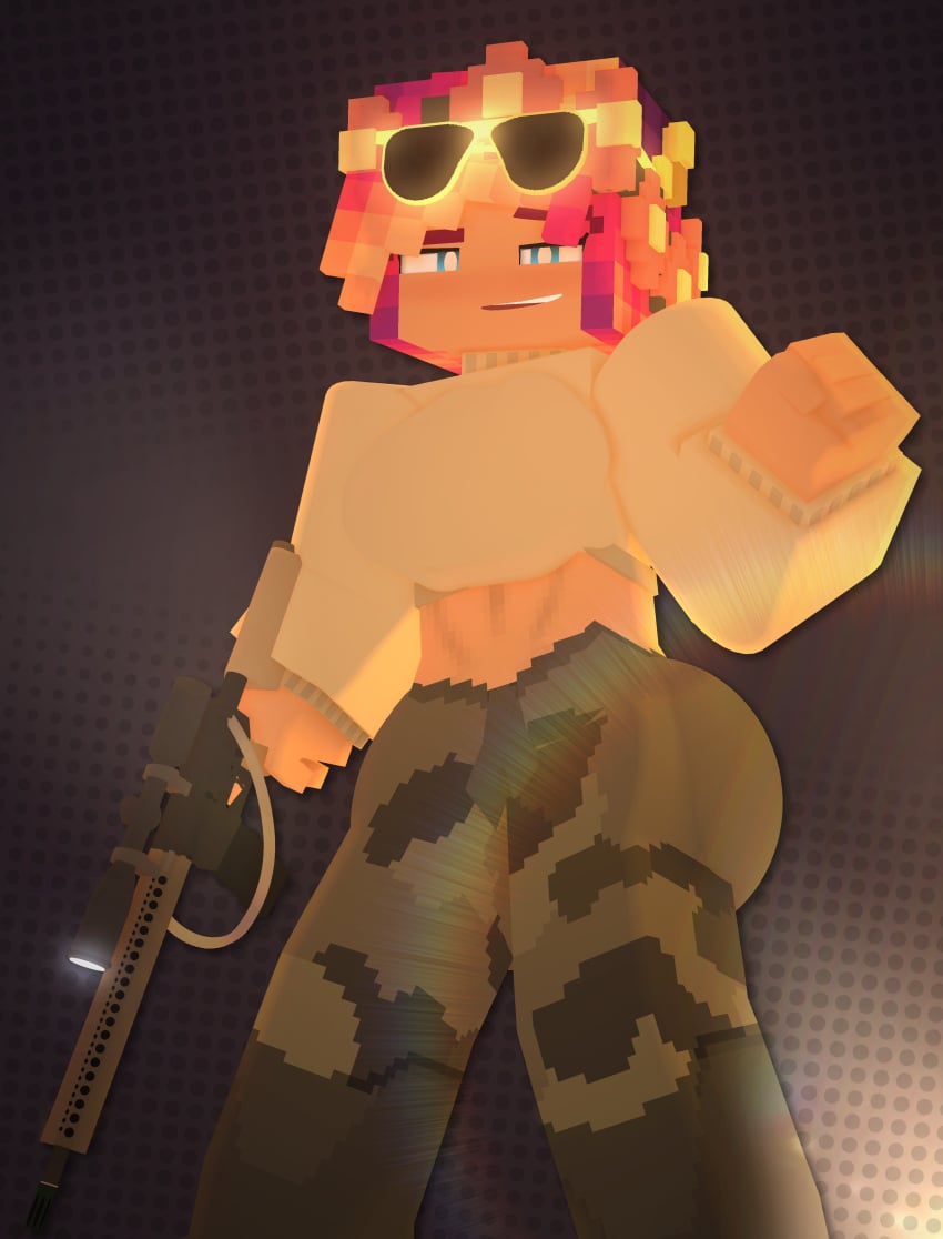 3d ar15 aviator_sunglasses bullet camo camouflage cargo_pants cuteskyler glasses gun looking_at_viewer minecraft puffy puffy_sleeves rainbow_hair sunglasses sweater