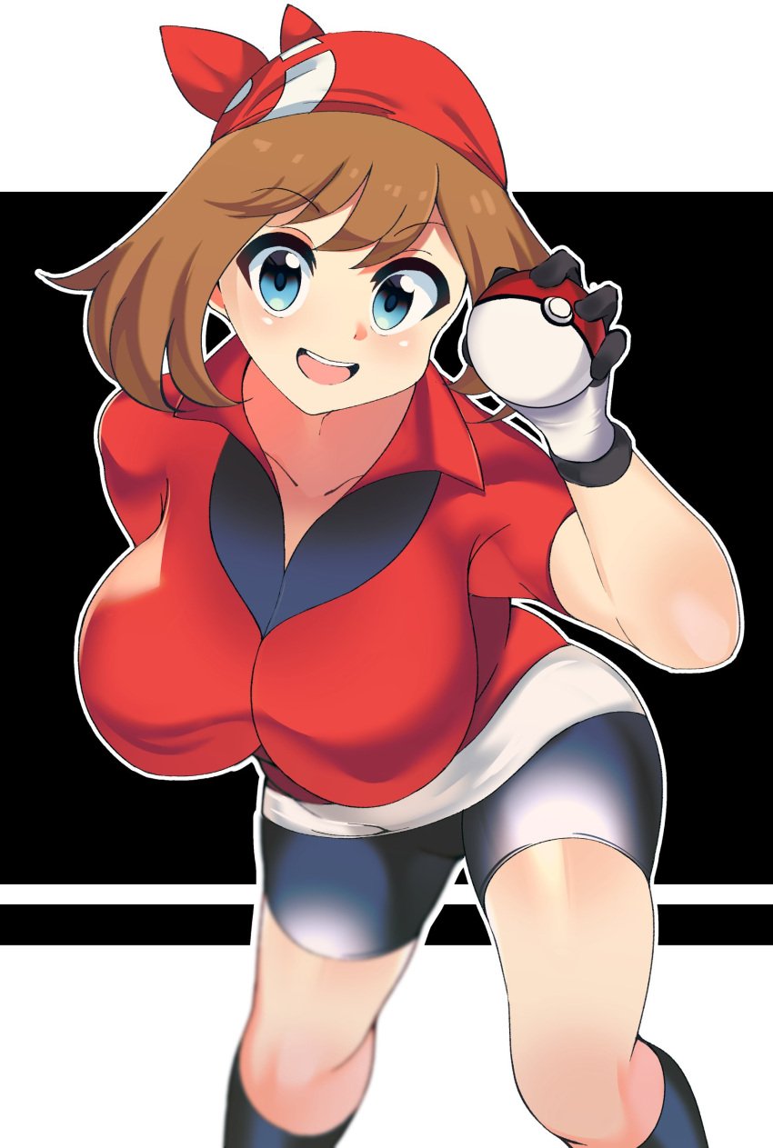 1girls armwear big_breasts bike_shorts black_shorts blue_eyes bottomwear breasts brown_hair female female_only game_freak gloves hair headband headwear huge_breasts looking_at_viewer may_(pokemon) nintendo pokeball pokemon pokemon_rse red_shirt shirt shorts solo solo_female thick_thighs thighs topwear volyz