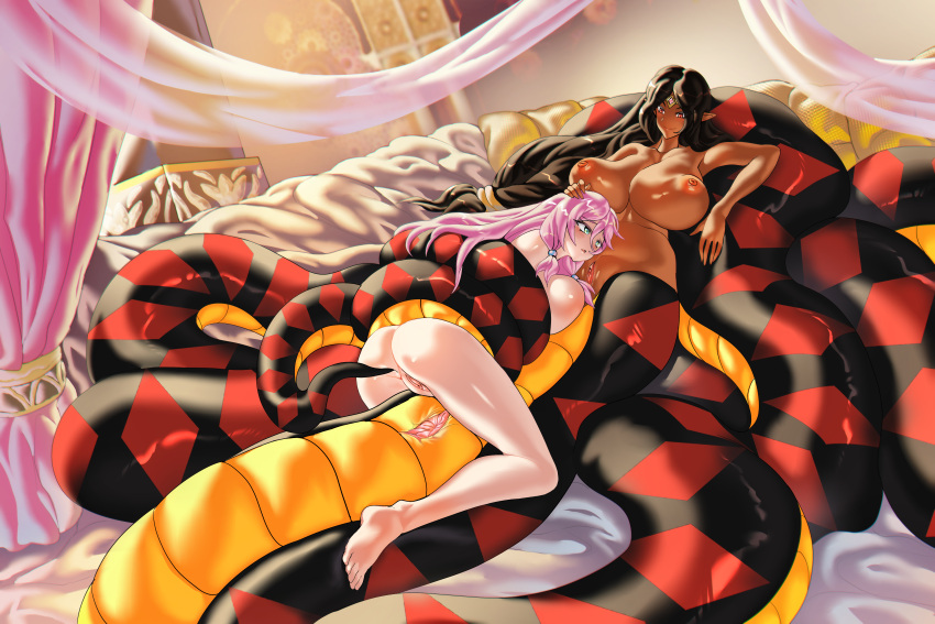 2girls black_hair breasts cloaca dark-skinned_female draconcopode femdom flare_arlgrande_jioral green_eyes jemisha_(violet_scales) kaifuku_jutsushi_no_yarinaoshi lamia large_breasts legless long_hair lying_on_bed monster_girl multiple_girls original original_character pink_hair pointy_ears psychowolffy pussy redo_of_healer shaved_pussy snake snake_girl thick_naga_hips thick_thighs wide_hips wrapped_up yuri