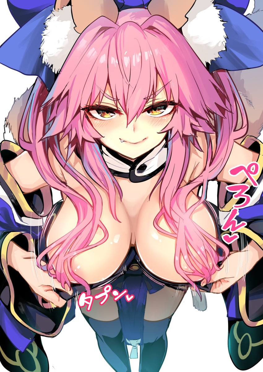 animal_ear_fluff animal_ears bangs blue_ribbon blush breasts cleavage closed_mouth detached_sleeves fate/extra fate_(series) female fox_ears fox_girl from_above hair_ornament hair_over_breasts hair_ribbon highres japanese_clothes large_breasts long_hair long_sleeves looking_at_viewer pink_hair ribbon simple_background smile solo tamamo_no_mae_(fate) white_background wisespeak yellow_eyes