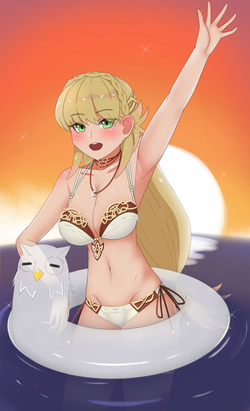 1girls armpits bangs bikini blonde_hair blush breasts cleavage feh_(fire_emblem) female female_only fire_emblem fire_emblem_heroes green_eyes innertube large_breasts long_hair looking_at_viewer nintendo ocean open_mouth outdoors partially_submerged pibu sharena_(fire_emblem) smile solo sun sunset swimsuit very_long_hair waving waving_at_viewer white_bikini white_swimsuit