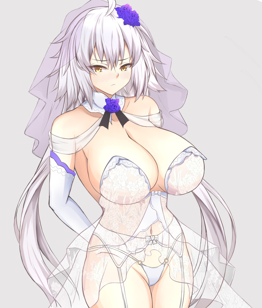 1girls ahoge arms_behind_back bare_shoulders beach blush bow breasts bridal_veil dress elbow_gloves fate/grand_order fate_(series) female flower frown garter_belt garter_straps gloves hair_flower hair_ornament highres jeanne_alter large_breasts long_hair looking_at_viewer o-ring o-ring_panties panties revealing_clothes see-through silver_hair solo underwear veil very_long_hair wedding_dress white_dress white_gloves white_panties yellow_eyes zone25388591