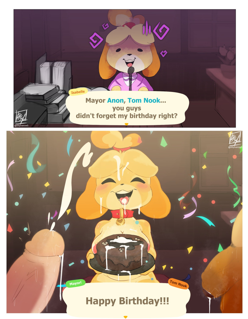 1girls 2021 2boys after_sex animal_crossing anthro big_breasts birthday birthday_cake blush breasts bukkake cake canine collar confetti cum cum_on_cake cum_on_face cum_on_food cum_on_tongue cumshot dog ejaculation excited eyes_closed femsub furry gold_fur happy heart_pendant isabelle_(animal_crossing) maledom nintendo nipples office office_lady red_collar relieved smile straight sylver_(artist) sylverow0 tanuki tom_nook villager_(animal_crossing) worried_expression