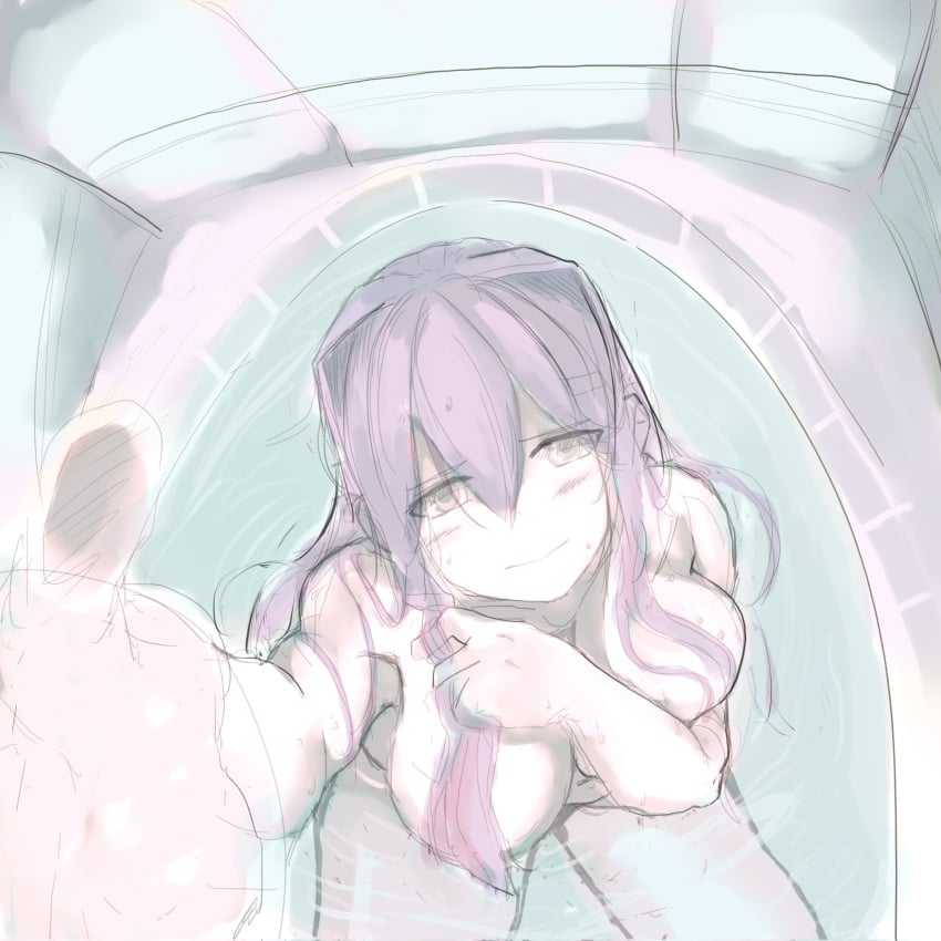 bathing big_breasts doki_doki_literature_club flustered holding_phone in_tub in_water kton_artist pov pov_eye_contact purple_eyes purple_hair shy sketch smile taking_picture yuri_(doki_doki_literature_club)