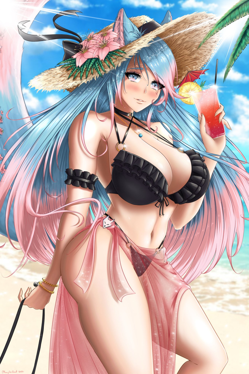 0hmyhowlewd 1girls beach bikini blush cleavage drink female_only huge_breasts indie_virtual_youtuber looking_at_viewer silvervale solo tail two_tone_hair virtual_youtuber vshojo wolf_ears wolf_girl