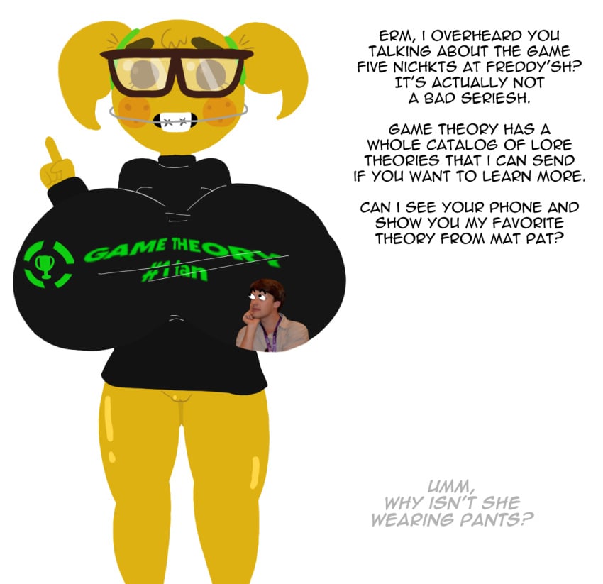 anthro big_breasts blush braces dialogue emoji emoji_(race) game_theory_(channel) glasses lore matpat meme nerd nerd_emoji nerd_emoji_girl nicechan no_outlines pigtails ponytail pussy shirt shitpost sweater_puppies text twintails white_background yellow_body yellow_skin