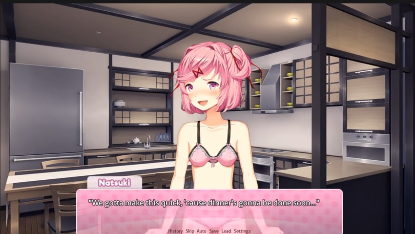 1girls a_month_with_natsuki blush bra bra_strap ddlc_text_box doki_doki_literature_club english_text female female_only looking_at_viewer natsuki_(doki_doki_literature_club) open_mouth pink_eyes pink_hair solo text the_bike underwear