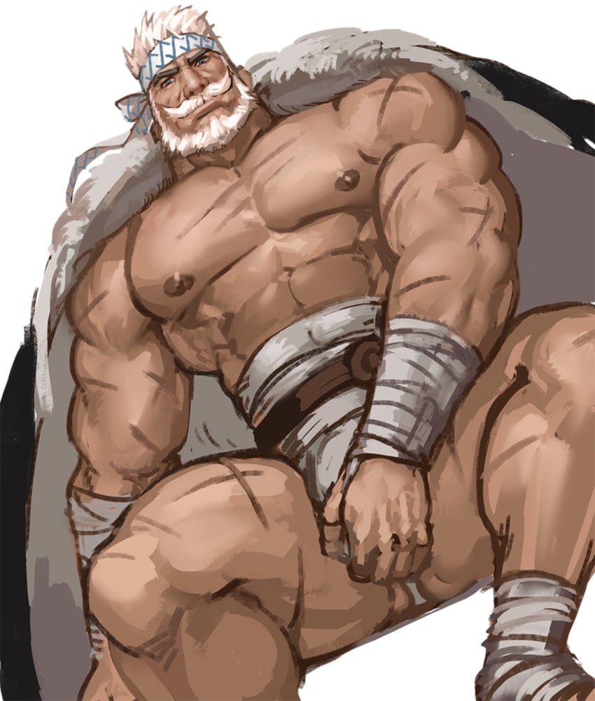 balls bara beard bulge covering_crotch dopq facial_hair gay granblue_fantasy male male_only muscles muscular penis scars solo solo_male soriz spread_legs yy6242