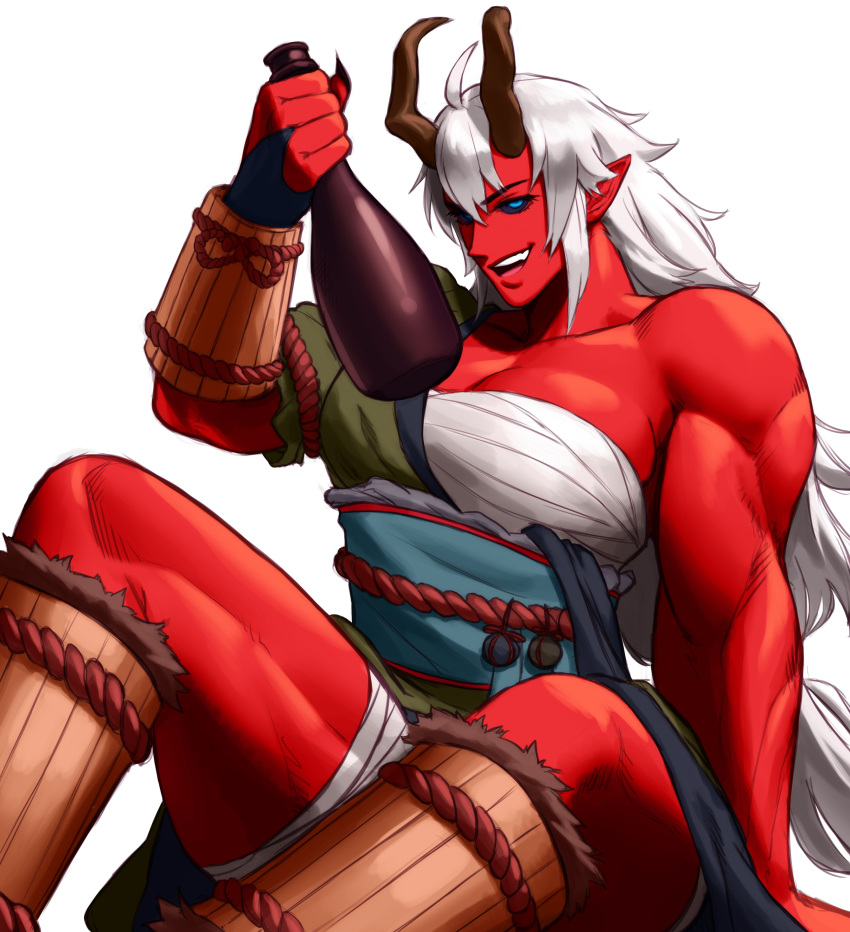 1girls absurd_res ahoge alcohol big_breasts black_sclera blue_eyes bottle female female_only horns long_hair looking_at_viewer muscular muscular_female narrowed_eyes oni oni_horns pointy_ears red-skinned_female red_skin smiling_at_viewer solo sotcho white_background white_hair