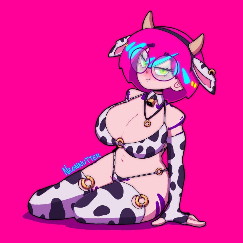 big_breasts blush breasts cleavage cow_bikini cow_ears cow_horns glasses_on_head horny huge_ass huge_breasts inviting mila_(neonnutter) neonnutter smirk thick_thighs thighhighs