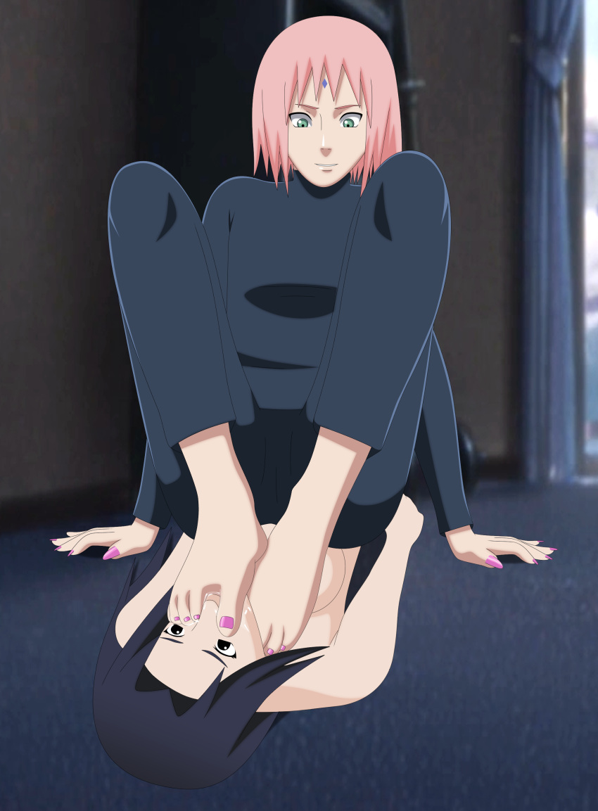 2girls alternate_hairstyle barefoot black_eyes black_hair breasts clothed_female_nude_female darkalx dominant dominant_female female female_only foot_fetish foot_focus foot_suck foot_worship forehead_mark green_eyes mother-in-law_and_daughter-in-law multiple_girls nail_polish naruto naruto_(series) naruto_shippuden older_female oral pants pink_hair sakura_haruno shirt submissive submissive_female sucking toenail_polish uchiha_mikoto younger_dom_older_sub younger_female yuri