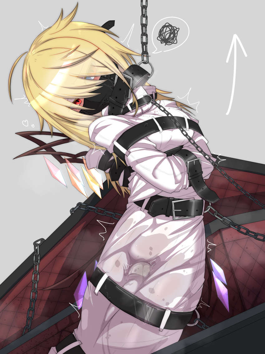 blonde_hair bondage exhausted flandre_scarlet gag gagged half-closed_eyes medium_hair mellowh2so4 menou_74 mouth_gag red_eyes small_breasts soaked_clothes straitjacket tired_eyes touhou vibrator