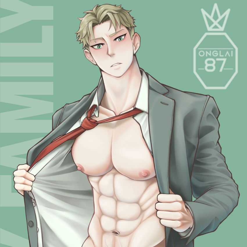 abs bulge bulge_through_clothing loid_forger male male_only muscles muscular muscular_male onglai87 open_shirt solo solo_male spy_x_family suit touching_penis