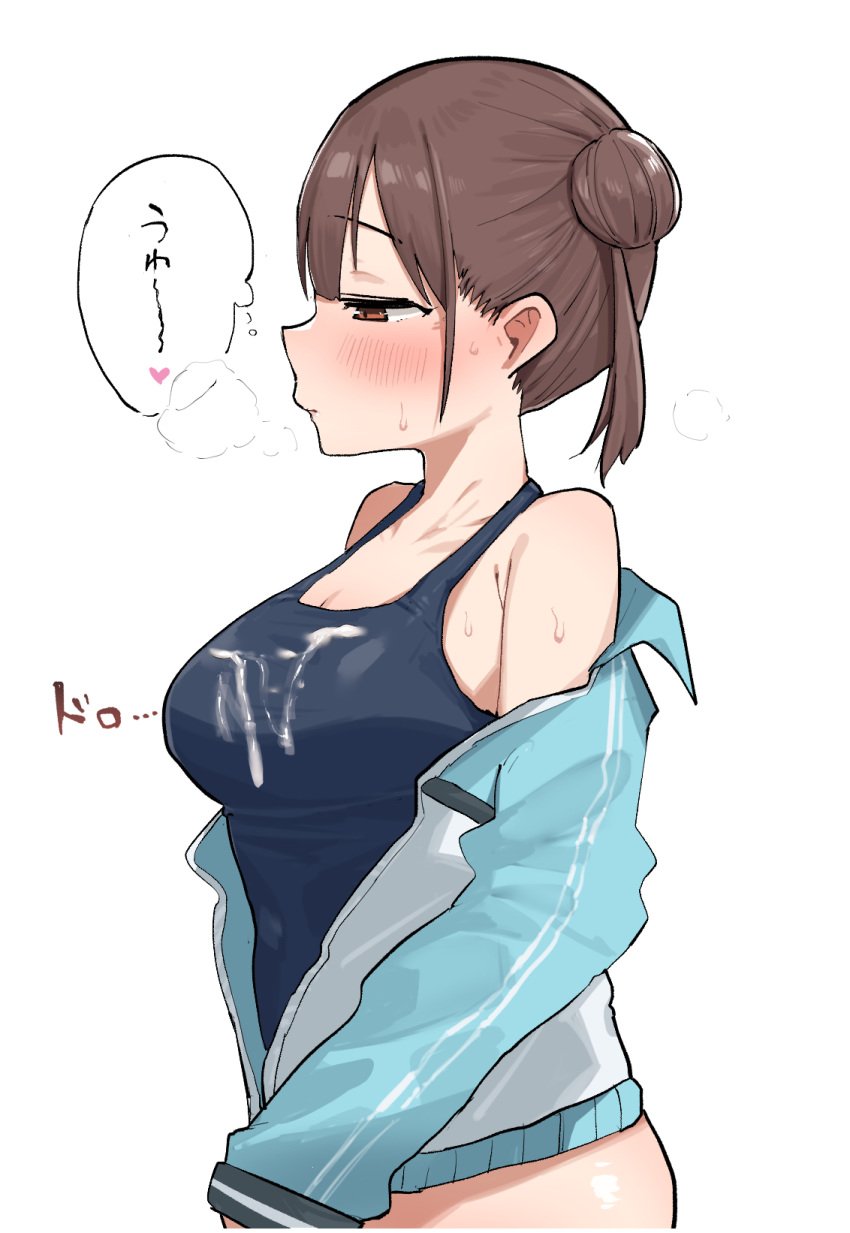 armpit_crease blush breasts breath brown_eyes brown_hair check_copyright cleavage closed_mouth collarbone copyright_request covered_navel cum cum_on_clothes female hair_bun half-closed_eyes heart highres kobinbin original short_hair simple_background solo sweat thought_bubble white_background