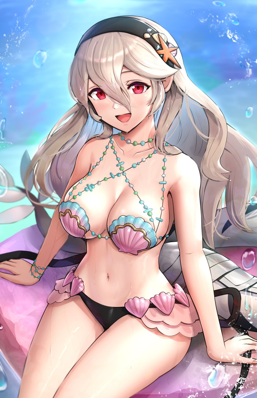 1girls :d absurdres alternate_costume arm_support bangs bare_arms bare_shoulders black_hairband blush breasts cleavage corrin_(fire_emblem) corrin_(fire_emblem)_(female) corrin_(summer)_(fire_emblem)_(female) cowboy_shot female female_only fire_emblem fire_emblem_cipher fire_emblem_fates gonzarez grey_hair hair_between_eyes hairband highres large_breasts long_hair looking_at_viewer navel nintendo official_alternate_costume open_mouth red_eyes shell shell_bikini sitting smile solo stomach thighs very_long_hair