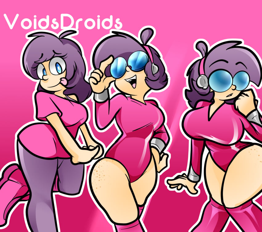 android astra_(voidsdroids) eyebrows_visible_through_hair female_only freckles freckles_on_hips glasses pink_hairband purple_hair shiny_clothes smile tongue_out voidsdroids