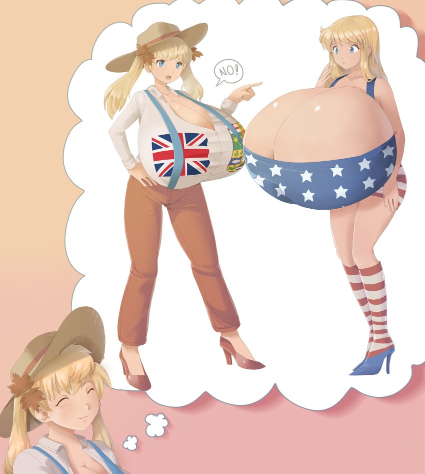 2girls american_flag big_ass big_breasts breasts_bigger_than_head breasts_bigger_than_torso cleavage clothed clothed_female enormous_breasts female female_only gigantic_breasts heels historines huge_ass huge_breasts hyper hyper_breasts imagination_bubble lionessjenna long_hair massive_breasts multiple_females non-nude scolding tagme text thought_bubble uk_flag united_kingdom