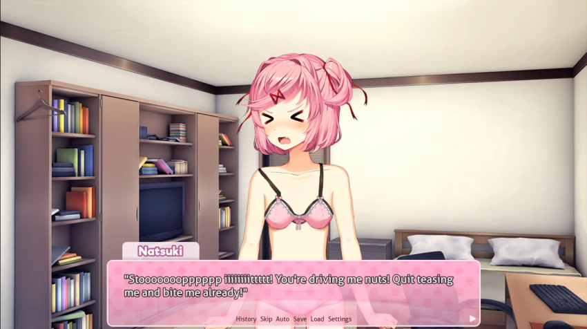 1girls a_month_with_natsuki bra bra_strap ddlc_background ddlc_text_box doki_doki_literature_club english_text female female_only natsuki_(doki_doki_literature_club) open_mouth pink_hair solo text the_bike