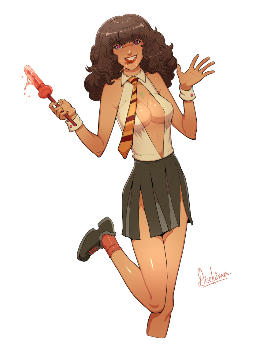 1girls alternate_costume ankle_socks anklehighs arm_up arms_up armwear big_breasts breasts brown_hair cleavage cleavage_cutout clothed clothed_female disclaimer eyes female female_only footwear fully_clothed happy harry_potter heart heart-shaped_pupils hermione_granger holding_object human human_only knees leg_up light-skinned_female light_skin lipstick lipstick_smear long_hair looking_at_viewer medium_breasts messy miniskirt necktie neckwear oil open_eyes parted_lips popsicle red_lipstick red_socks school_uniform shirt shoes simple_background skirt sleeveless smile socks solo standing suggestive_food teeth thick_eyebrows tie waving waving_at_viewer wet white_background wizarding_world