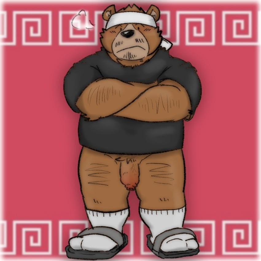 2022 anthro black_nose blush brown_body brown_fur clothing flaccid footwear fur genitals goujuyu hi_res kemono male male_only mammal penis sandals shirt slightly_chubby solo topwear ursid