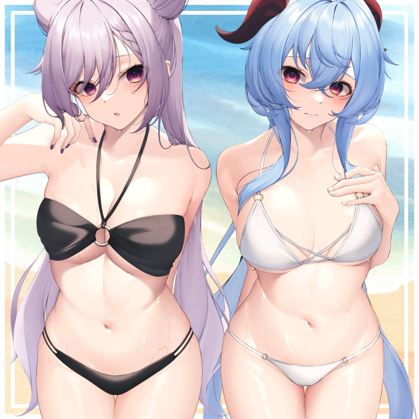 2girls :o absurdres arm_behind_back bamboo_shoot_bun bangs beach bikini black_bikini blue_hair blush braid breasts cleavage cone_hair_bun cowboy_shot crossed_bangs ganyu_(genshin_impact) genshin_impact goat_horns gradient_eyes hair_between_eyes hair_bun hand_on_own_chest hand_up highres horns keqing_(genshin_impact) long_hair looking_at_viewer medium_breasts multicolored_eyes multiple_girls nail_polish navel o-ring o-ring_bikini paid_reward_available parted_lips purple_eyes purple_hair purple_nails red_eyes revision shirafuji_ene side-by-side sidelocks skindentation swimsuit thigh_gap thighs twintails very_long_hair wet wet_hair white_bikini