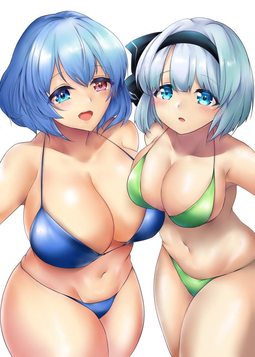 2girls absurdres bangs bikini black_hairband blue_bikini blue_eyes blue_hair bob_cut breasts cleavage commentary_request cowboy_shot green_bikini hairband heterochromia highres kogasa_tatara large_breasts multiple_girls open_mouth poke200 red_eyes short_hair simple_background swimsuit touhou wet white_background white_hair youmu_konpaku