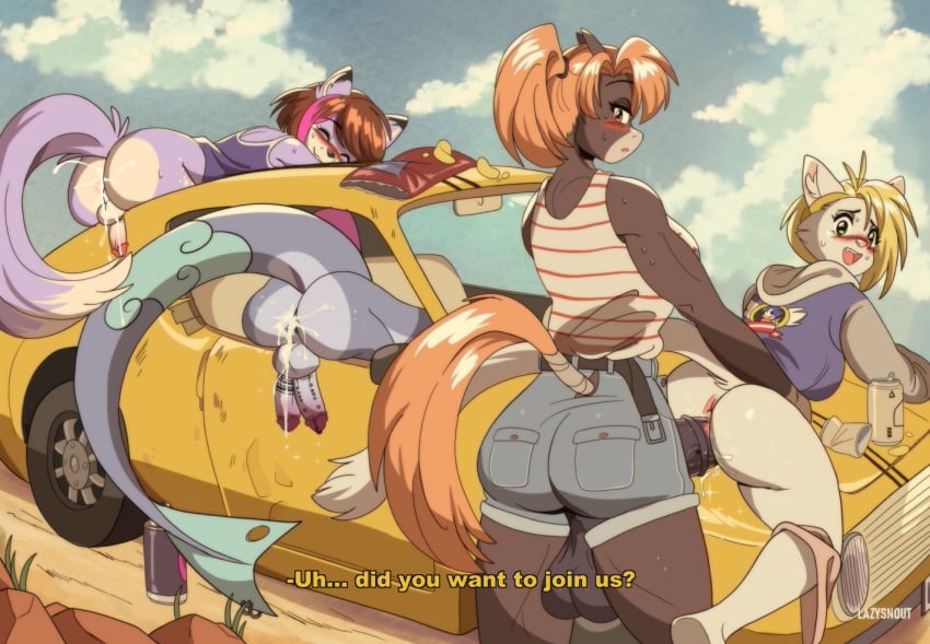 1990s_(style) 2022 2_penises after_sex animal_genitalia animal_penis anthro anthro_on_anthro anthro_penetrated anthro_penetrating anthro_penetrating_anthro anus ass backsack balls beverage_can big_balls big_butt blush bodily_fluids breasts car clothed clothed_sex clothing cloud cum cum_from_ass cum_in_ass cum_inside diphallia diphallism doggy_style domestic_cat embarrassed equid equine equine_penis exhibitionism felid feline felis female female_penetrated fish from_behind_position furry futanari genital_fluids genital_piercing genitals glans group horizontal_diphallism horse huge_balls humanoid_genitalia humanoid_penis intersex intersex/female intersex_penetrating intersex_penetrating_female interspecies kiko_kempt_(kikokitty) lazysnout looking_at_viewer male mammal marine multi_genitalia multi_penis outdoor_sex outside penetration penile penile_penetration penis penis_in_pussy penis_piercing piercing retro retro_artstyle sex shari_(lazysnout) shark spray_can summer vaginal_penetration vehicle