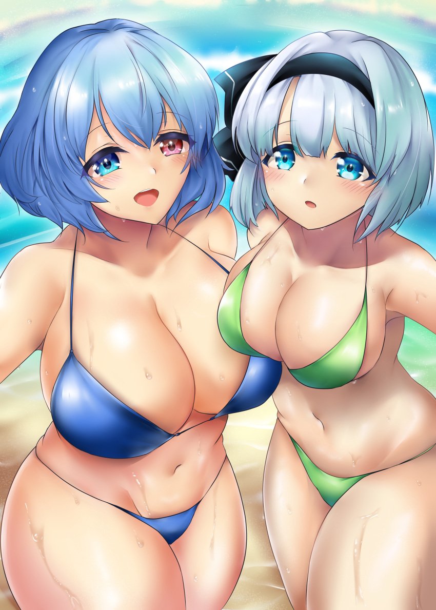 2girls absurdres bangs beach bikini black_hairband blue_bikini blue_eyes blue_hair bob_cut breasts cleavage commentary_request cowboy_shot green_bikini hairband heterochromia highres kogasa_tatara large_breasts multiple_girls ocean poke200 red_eyes short_hair swimsuit touhou water wet white_hair youmu_konpaku